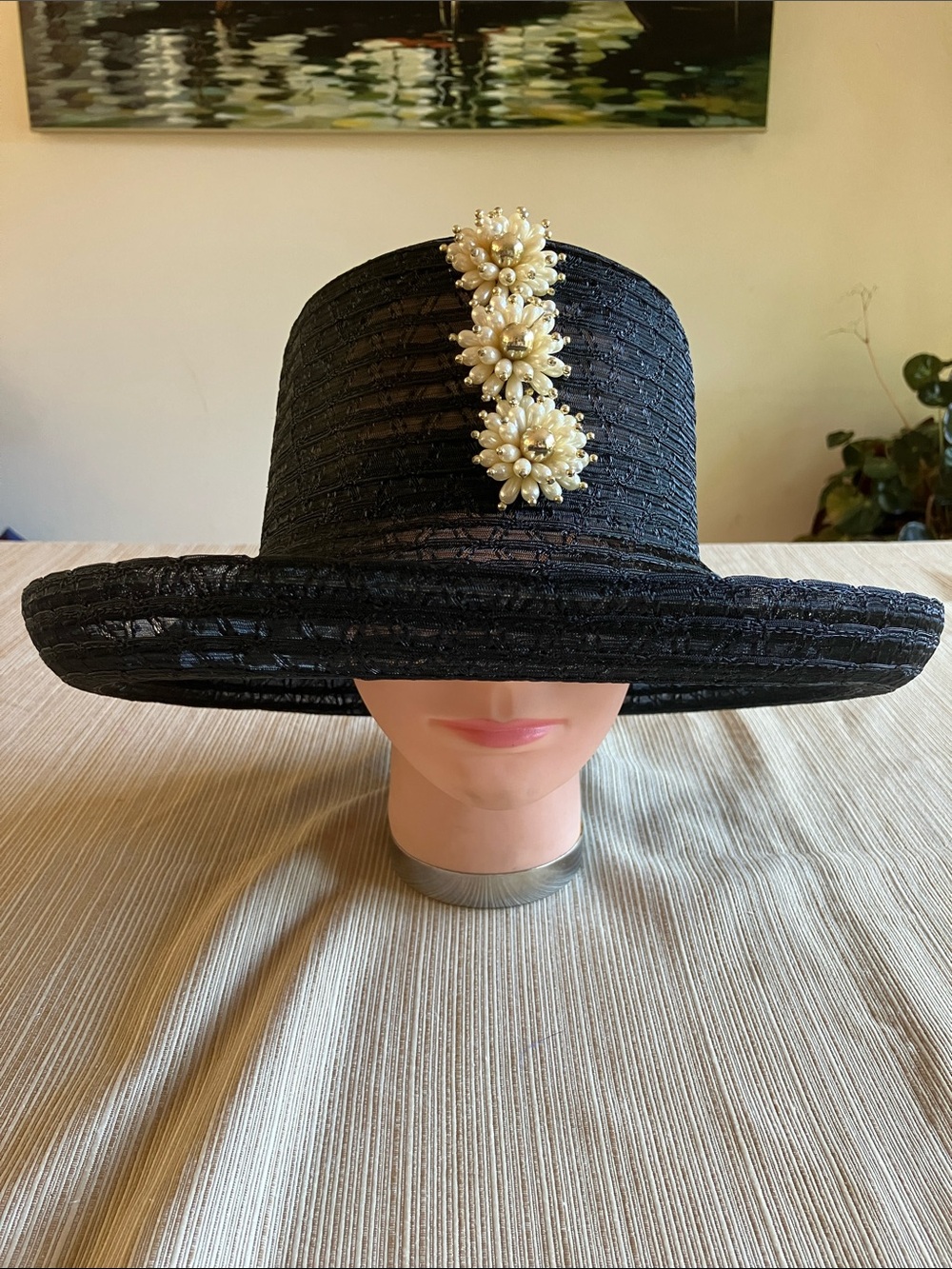 Elegant Black Wide-Brim Hat with Pearl Flower Accents